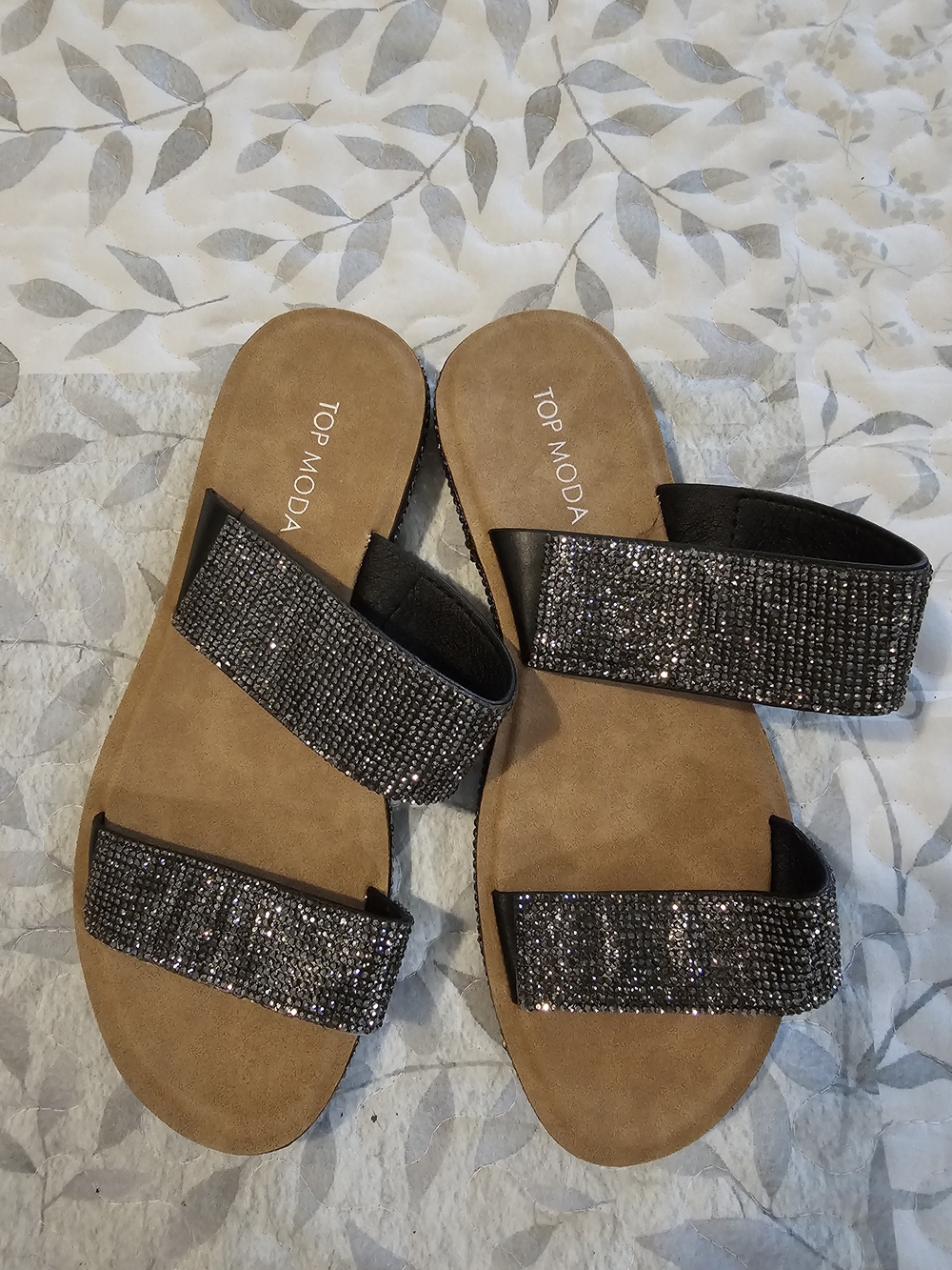 TOP Moda Black Rhinestone Double-Strap Slide Sandals